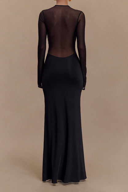 Crossed Mesh V Neck Long Sleeve Dress