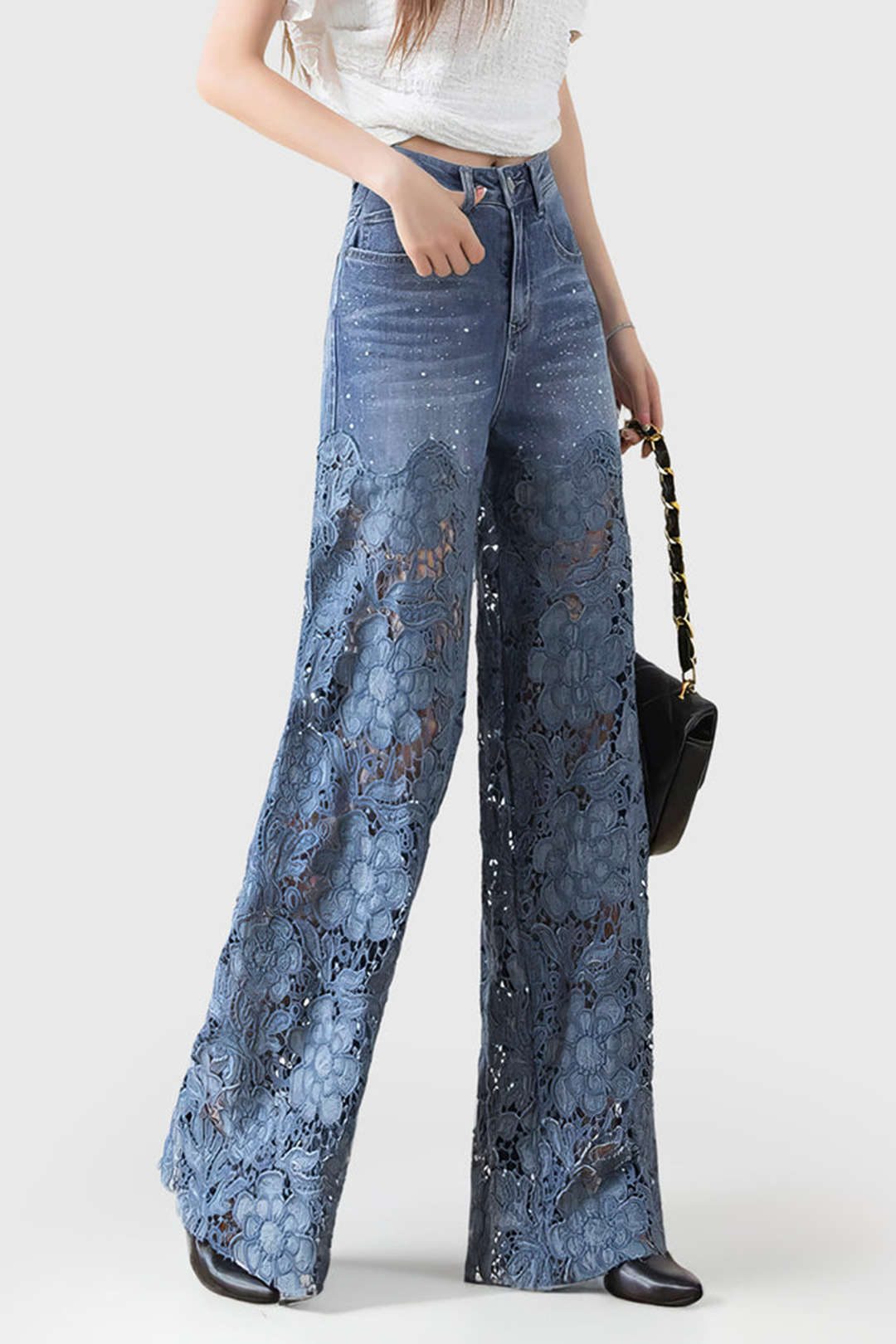 Lace Cut Wide Leg Jeans